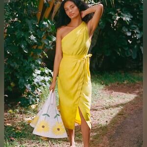 Anthropologie One Shoulder Yellow Linen Wrap Midi Dress Resort Chic Euro Summer